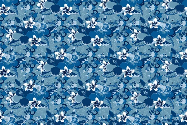 Tribal art boho print, vintage gray, blue and white flower background. Background texture, wallpaper, floral theme. Abstract ethnic raster seamless pattern.