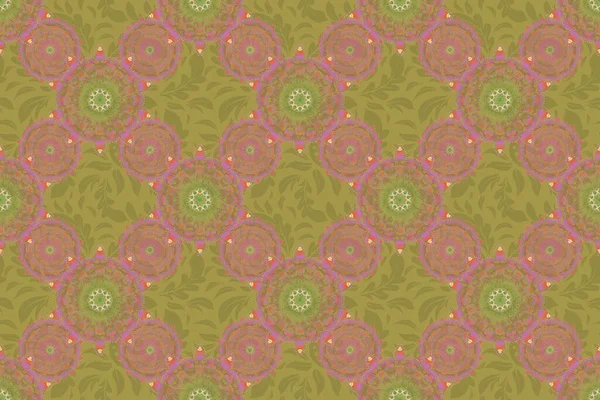 Raster Illustration Damask Seamless Background Pattern Green Yellow Pink Colors — Stock Photo, Image