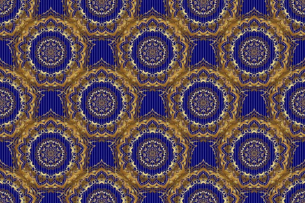 インテリアのための装飾 青の背景に手作りのラスター黄金の要素 ヴィンテージシームレスフラワーパターン — ストック写真