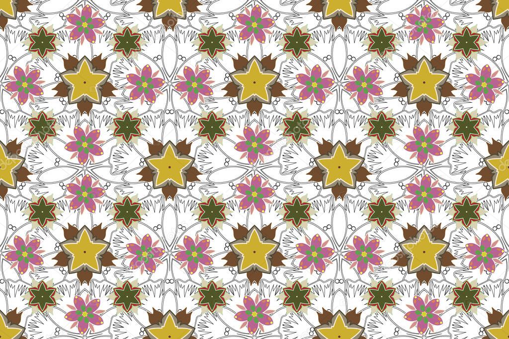 Floral seamless pattern. Raster illustration. Spring paper with abstract cute flowers in pink, green and white colors.