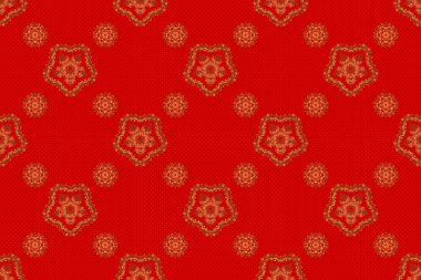 Raster tasarım için dekoratif elementler. Davetiyeler, tebrik kartları, ambalajlar için süs desenleri. Kırmızı arka planda dekoratif, altın, pürüzsüz desen. Geleneksel çiçek dekoru.