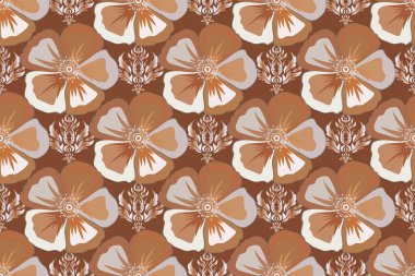 Kusursuz çiçek süsü. Modern kozmos çiçek desenli kraliyet çiçekleri. Renkli yönelim deseni bej, kahverengi ve turuncu renklerde.