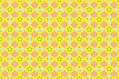 Raster illüstrasyonu. Geleneksel Hint çiçeksiz deseni yeşil, sarı ve bej renklerde..