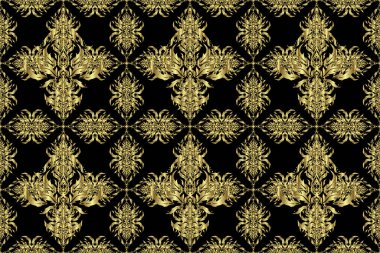 Raster illüstrasyonu. Siyah bir arka planda kraliyet altın gibi pürüzsüz desen. Duvar kâğıdı, davetiye, ambalaj için lüks süs.
