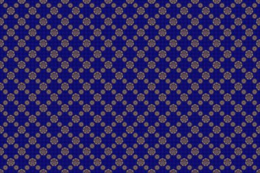 Geometrik yineleyici süs, altın elementlerle. Mavi ve altın pürüzsüz desen. Mavi bir arkaplanda kusursuz soyut modern desen.