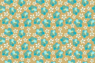 El çizimi çiçek deseni, yeşil, sarı ve mavi dekoratif çiçekler. Raster rengarenk çiçek deseni. Raster illüstrasyonu.