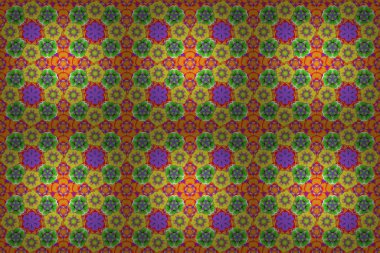 Geleneksel klasik raster süsü. Doğu sarısı, menekşe ve yeşil desenli arabesk ve soyut elementlerle.