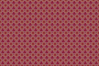 Kırmızı arka planda çok renkli elementlere sahip kusursuz desen. Metin için tasarım, davetiye kartları, çeşitli baskı sürümleri. Doğu tarzında çok renkli bir süs..