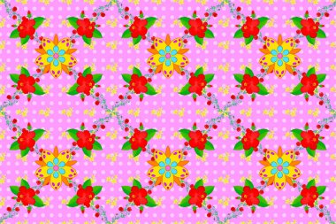 Pembe arka planda bir sürü güzel çiçekli Raster çizimi. Renkli çiçeklerle, bahar motifi.