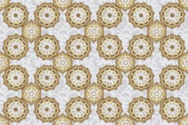 Gri ve altın pürüzsüz desen. Geometrik, altın elementlerle tekrar eden raster süsü. Gri bir arkaplanda kusursuz soyut modern desen.