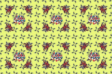 Raster illüstrasyonu. Soyut şirin plumeria çiçeklerinin sarı, yeşil ve mor renkli olduğu bir bahar kağıdı. Çiçeksiz desen.