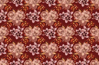 Stock raster illüstrasyonu. Soyut gül çiçeklerinin kusursuz deseni ve kahverengi, bej ve kırmızı yapraklar. Klasik stil.