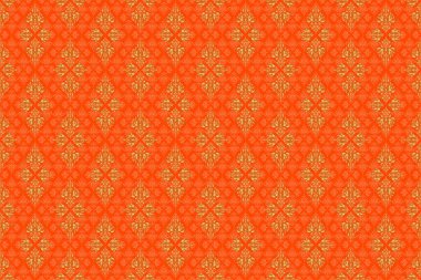 Raster illüstrasyonu. Altın yıldızlı zarif altın süs, süslü turuncu arka planda filigran dekoru. Lüks çiçeksiz desen, düğme desenli doku, eski tarz dekoratif elementler..