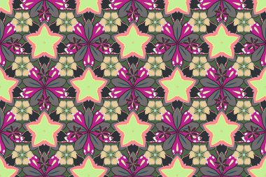 Karalama çizim stili, elle çizilmiş çizim. Çiçekler, yapraklar, dekoratif elementler, sıçramalar, lekeler ve mor, yeşil ve gri renkte damlalar..