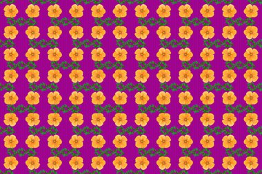 1950-1960 motifleri. Retro tekstil tasarım koleksiyonu. El çizimi çiçek unsurları olan soyut, dikişsiz raster deseni. Mor arka planda kozmos çiçekli ipek eşarp. Sonbahar renkleri.