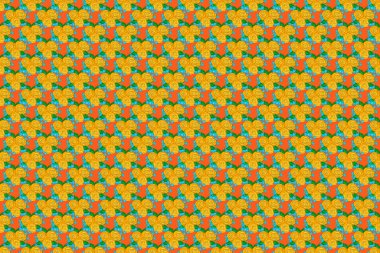 Turuncu, mavi ve sarı renklerde klasik, dikişsiz desen. El yazısıyla yazılmış gül çiçekleri, yeşil yapraklar, pullar, anahtarlar..