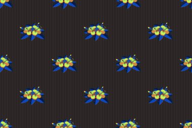 Basit amber çiçeklerinin mavi, siyah ve sarı süslemesi, tasarım ve tekstil için soyut, pürüzsüz desen.