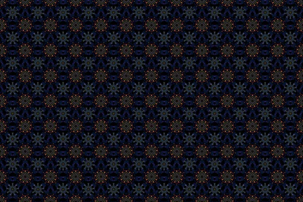 Raster winter pattern. Seamless design on black background in blue, red and brown colors. Abstract seamless with Floral Elements.
