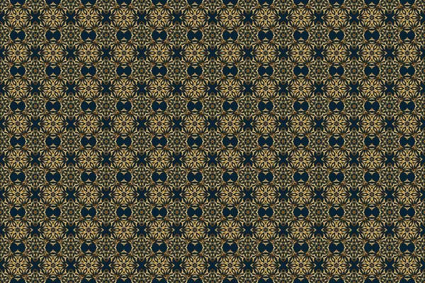 Vintage seamless border and grid for design template on a blue background. Seamless pattern in Eastern style with floral golden elements. Raster sketch for cards, thank you message, printing.