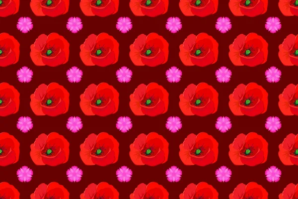 Exquisite Pattern Poppy Flowers Vintage Style Trendy Print Red Background — Stock Photo, Image