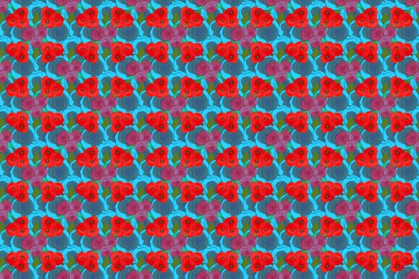 Natuur Bloeide Abstract Naadloos Patroon Rode Roze Blauwe Kleuren Raster — Stockfoto