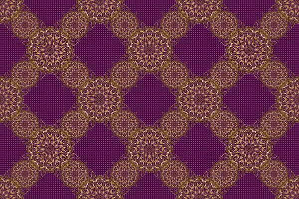 Damask raster classic golden pattern. Seamless abstract elements in golden colors on purple background. Orient background with golden repeating elements.