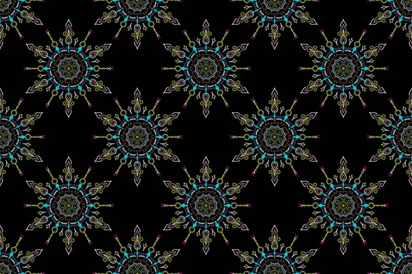 Medeltida Blommigt Kungligt Mönster Dekorativ Symmetri Arabesque Grönt Blått Och — Stockfoto