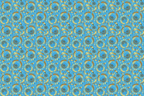 Vintage design with gold ornaments. Abstract raster seamless pattern with golden ornaments on a blue backdrop.