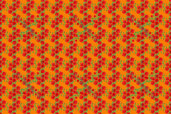 Stylish wallpaper with poppy flowers. Abstract raster background. Floral seamless pattern with blooming poppy flowers and leaves on a orange background.