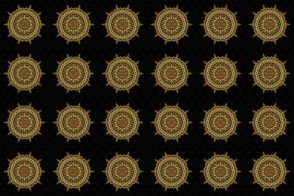 Arany Elemek Fekete Háttér Absztrakt Raszter Dekoratív Etnikai Mandala Vázlatos — Stock Fotó