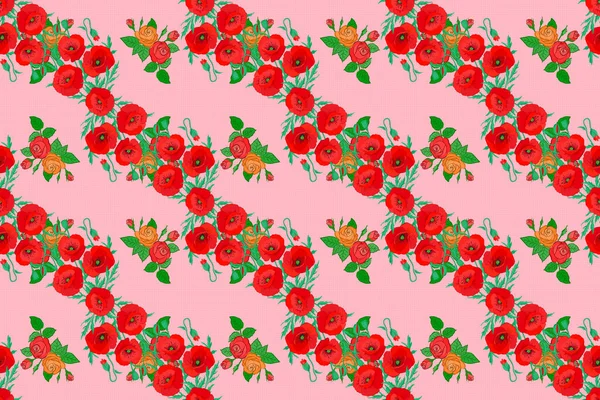 Nahtloses Blumenmuster Mit Stilisierten Mohnblumen Auf Rosa Hintergrund Raster Illustration — Stockfoto