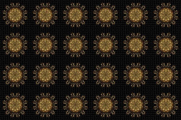 Handgetekende Gouden Mandala Een Zwarte Achtergrond Raster Abstract Patroon — Stockfoto