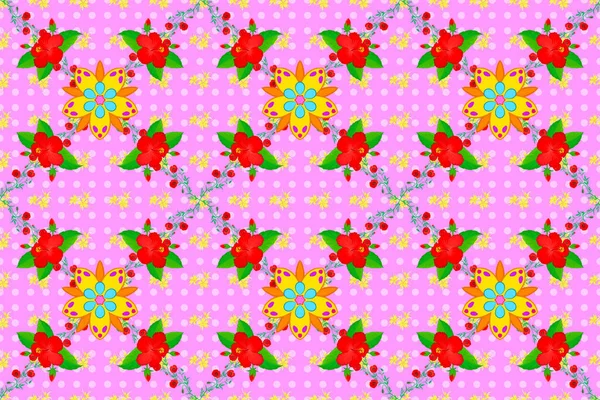 Raster Εικονογράφηση Πολλά Χαριτωμένα Λουλούδια Ροζ Φόντο Πολύχρωμα Λουλούδια Ανοιξιάτικο — Φωτογραφία Αρχείου
