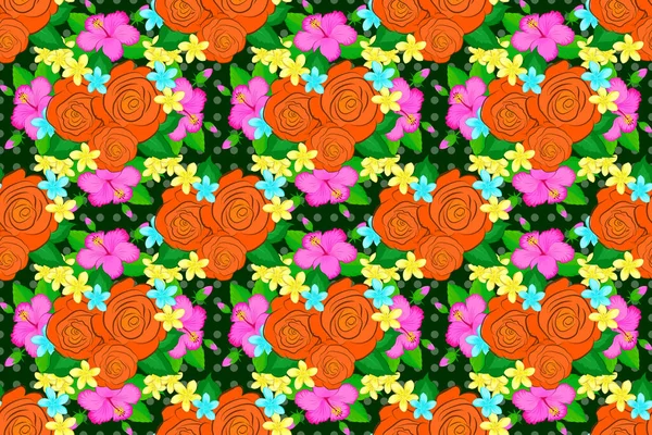 Beautiful Raster Texture Seamless Pattern Cute Rose Flowers Green Leaves — Stock Photo, Image