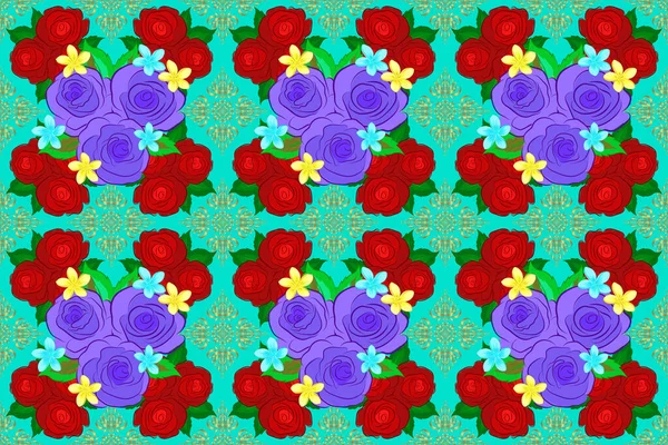 Płynny Ręcznie Rysowany Wzór Kwiatów Róży Fioletowych Niebieskich Czerwonych Kolorach — Zdjęcie stockowe