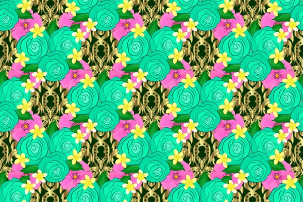 Seamless Floral Pattern Cute Rose Flowers Green Leaves Green Background — Stock Photo, Image