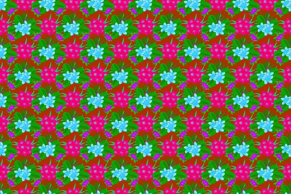 Raster illustration good for the interior design, printing, web and textile design. Seamless texture of floral ornament in green, orange and magenta colors. Optical illusion with plumeria flowers.