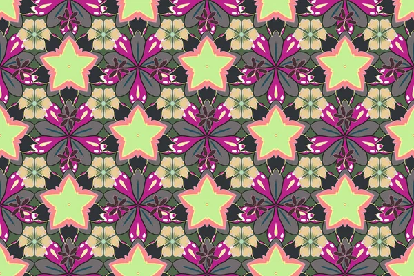 落書きスケッチスタイル 手描きのイラスト 装飾要素 スプラッシュ ブロットと紫 緑とグレーの色でドロップとラスターシームレスな花のパターン — ストック写真