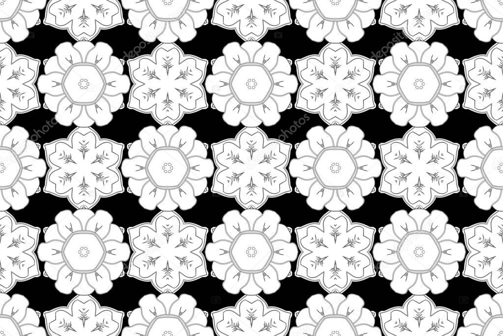 Seamless white vintage pattern on black background. Raster old moroccan, arabian and turkish ornaments.