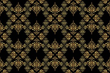 Ambalaj kağıdı, kumaş ya da tekstil için modern geometrik kusursuz desen. Eski bir süs. Tasarımlarınız ve arkaplanlarınız için siyah ve altın desenli..
