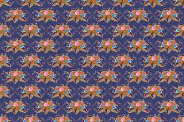 Tropikal çiçekleri ve mavi ve pembe yaprakları olan kusursuz arkaplan deseni. Raster illüstrasyonu.