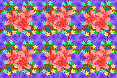 Plumeria çiçekleriyle kusursuz desen. Grafiksel modern model. Geometrik yaprak süsü. Güzel bir arkaplan. Mor, turuncu ve pembe renklerde kusursuz çiçek deseni.