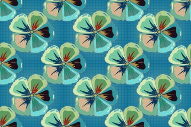 Kozmos çiçekleri ve yaprakları mavi, yeşil ve gri renklerde..