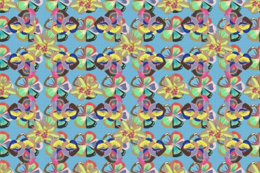 Dekoratif gelincik çiçekleri ile mavi, pembe ve sarı renklerde etnik ve pürüzsüz desenler. Raster illüstrasyonu.