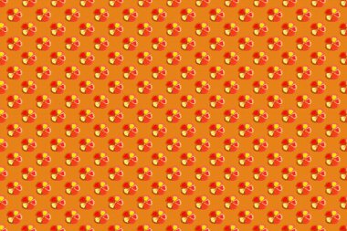 Karalama çizim stili, elle çizilmiş çizim. Kozmos çiçekleri, yapraklar, dekoratif elementler, sıçramalar, lekeler ve kırmızı, turuncu ve sarı renkte damlalar..