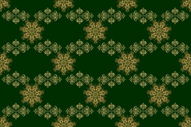 Altın soyut geometrik kusursuz desen. Yeşil arka planda Raster Gold ızgarası. Altın rengi elementlerle güzel bir artdeco şablonu. Sanat deco tarzı, modaya uygun vintage tasarım ögesi.