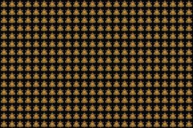 Sarmaş dolaş dalları, çiçekleri ve bukleleri olan yuvarlak bir süs. Arabesk. Altın Mandala siyah bir baqckground 'da. Raster dairesel soyut mandalas deseni.