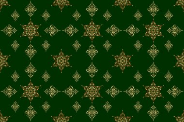 Duvar kağıtları, tekstil, kumaş, ambalaj kağıdı, ambalaj kutusu vs. için evrensel raster deseni. Yeşil arka planda eski model. Geçmişe dönük tasarım için altın elementlerle kusursuz desen.