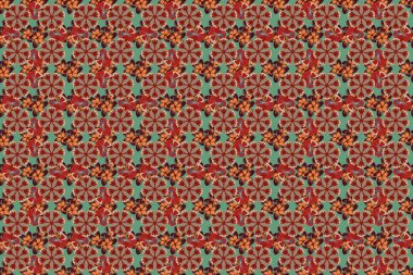 Raster illüstrasyonu. Turuncu, yeşil ve bej renklerinde, dekoratif tesisat çiçekleri olan etnik, pürüzsüz desenler..