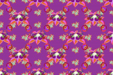 Mavi ve pembe renklerde, tropikal yapraklar ve mavi ve pembe renklerde çiçeklerle kusursuz arkaplan deseni..